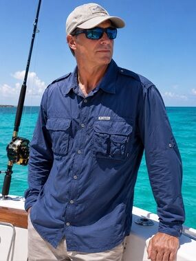Vintage Columbia GRT Fishing Shirt Mens M Blue Vented Nylon Outdoor Gear